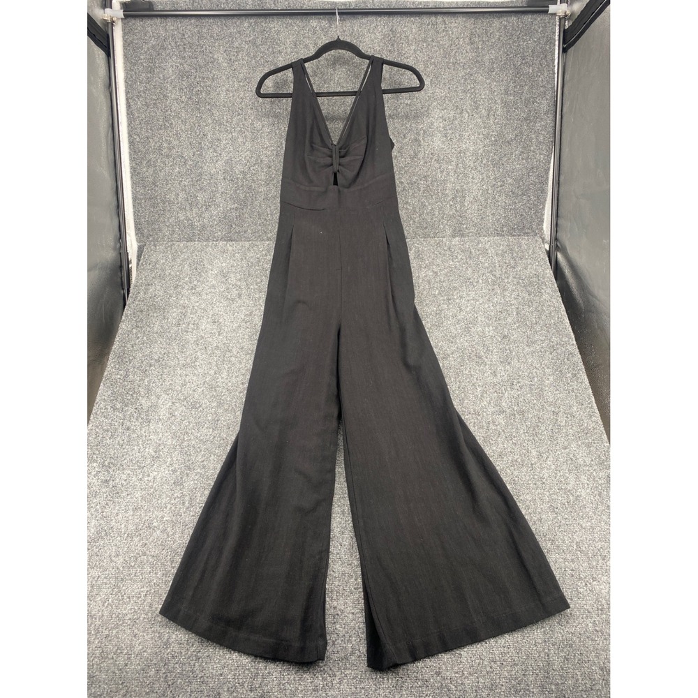 Anrabess Wide Leg Jumpsuit Womens Small Black V-Neck Tie Front Smocked Boho
